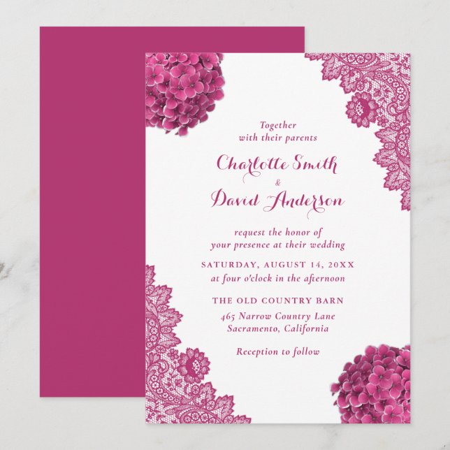 Elegant Rustic Hot Pink Floral Lace Wedding Invitation (Front/Back)