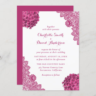 Elegant Rustic Hot Pink Floral Lace Wedding Invitation