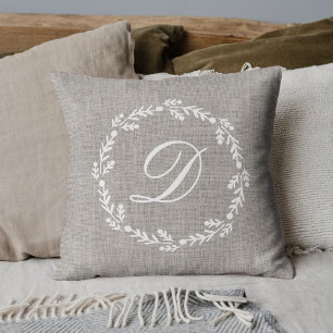 Elegant Rustic Initial Wreath Throw Pillow
