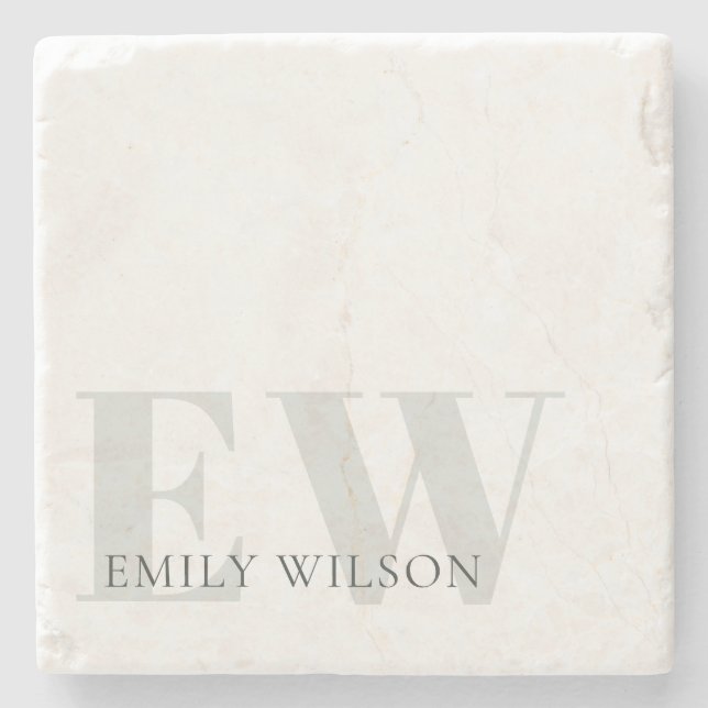 Elegant Rustic Ivory Dusky Grey Green Monogram Stone Coaster (Front)