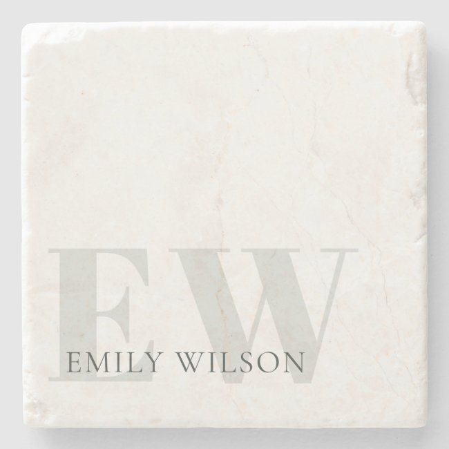 Elegant Rustic Ivory Dusky Grey Green Monogram Stone Coaster