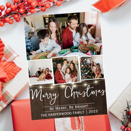 Elegant Rustic joy Christmas Family Photo Collage Holiday Card