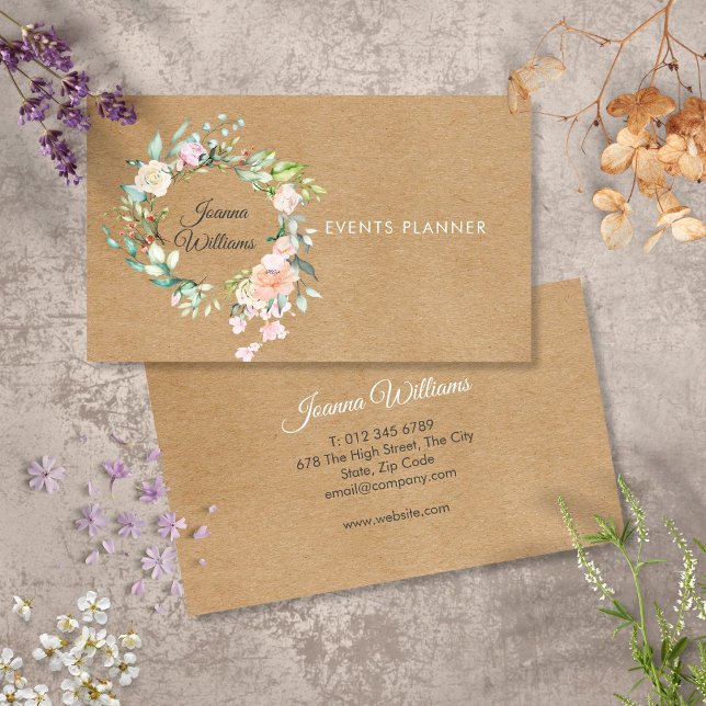 Elegant Rustic Kraft Boho Rose Garland Floral  Business Card (Elegant Rustic Kraft Boho Rose Garland Floral Business Card)