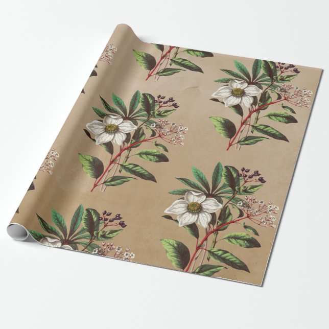 Elegant Rustic Kraft Christmas Roses Wrapping Paper (Unrolled)