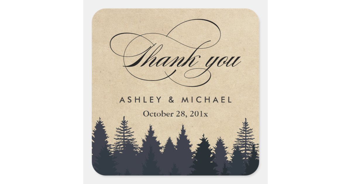 Elegant Rustic Kraft Pine Trees Thank You Favor Square Sticker | Zazzle