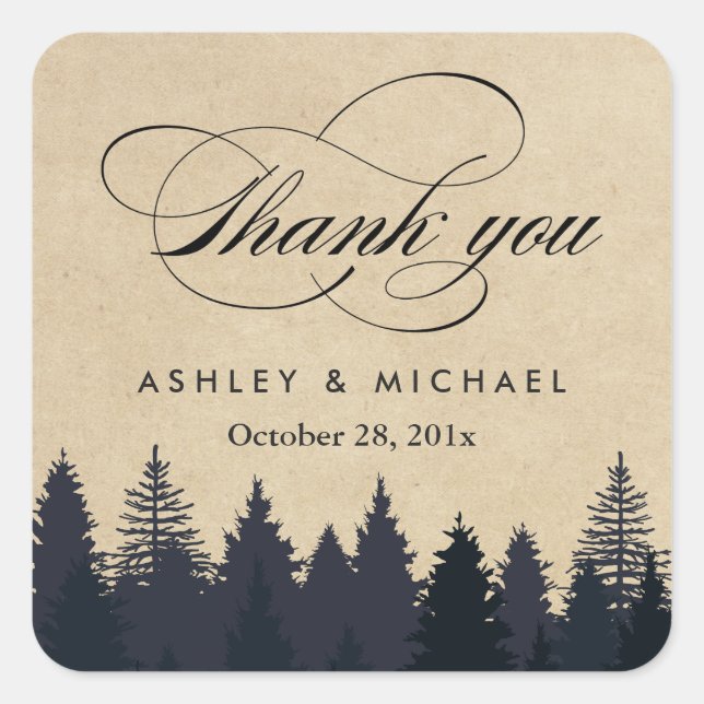 Elegant Rustic Kraft Pine Trees Thank You Favor Square Sticker (Front)