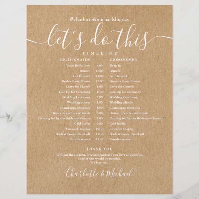 Elegant Rustic Kraft Wedding Schedule Timeline (Front)