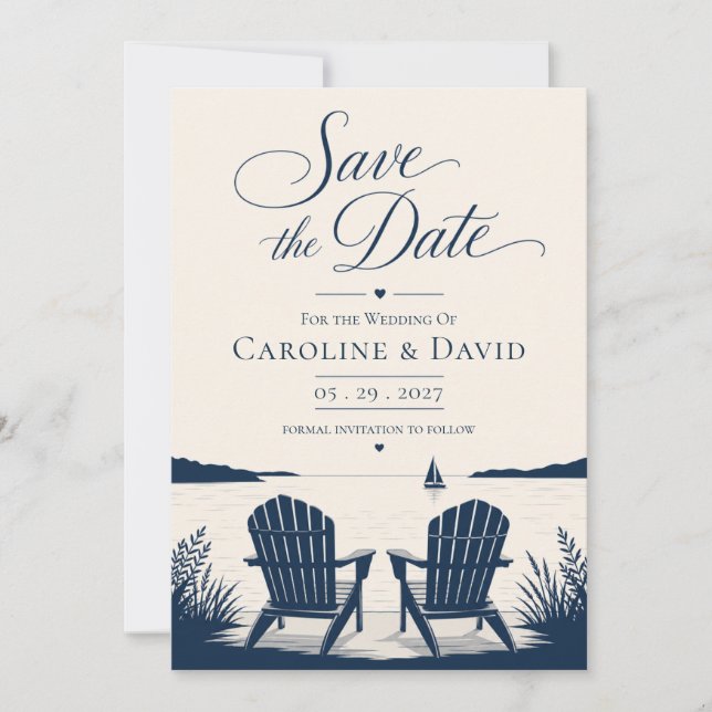 Elegant Rustic Lakeside Adirondack Chairs Wedding Save The Date (Front)