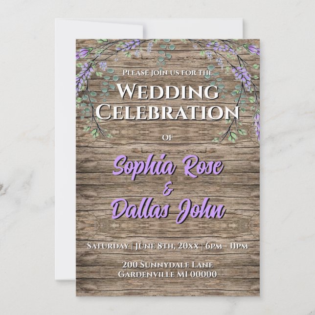 Elegant rustic lavender boho wedding   invitation (Front)