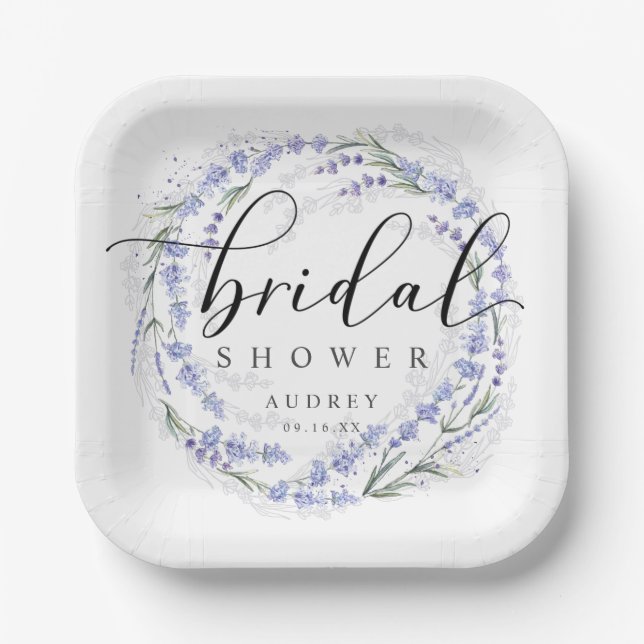 Elegant Rustic Lavender Wreath Bridal Shower Paper Plates (Front)