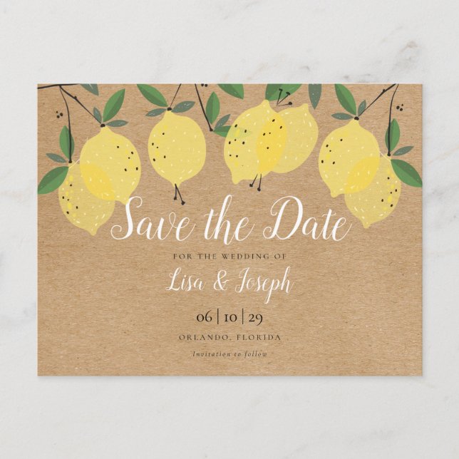 Elegant Rustic Lemons Save the Date Announcement Postcard (Front)