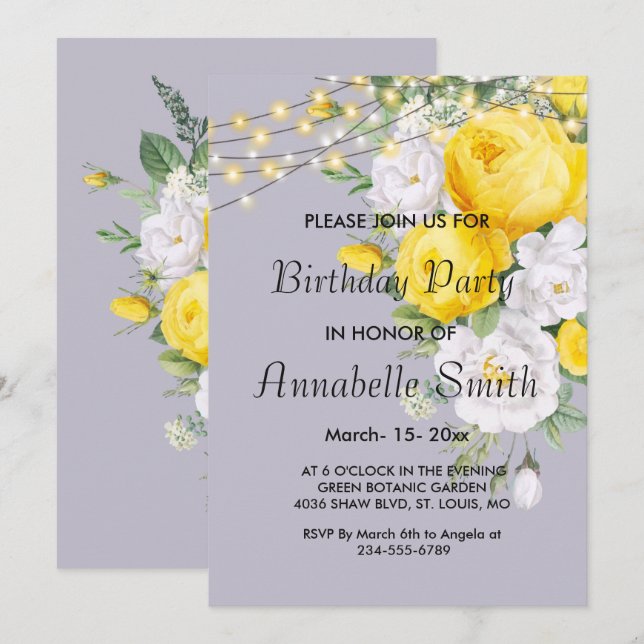 Elegant Rustic lights Yellow Floral    Birthday   Invitation (Front/Back)