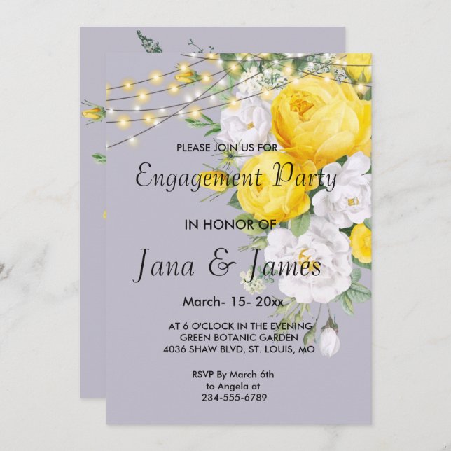 Elegant Rustic lights Yellow Floral   Engagement  Invitation (Front/Back)