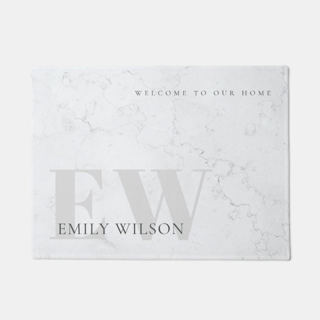 Elegant Rustic Marble Stone Grey Monogram Name Doormat (Front)