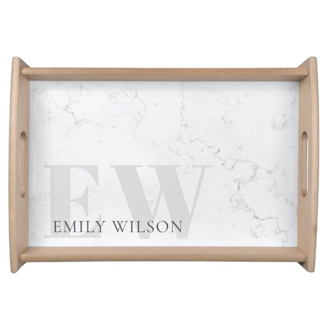 Elegant Rustic Marble Stone Grey Monogram Name Serving Tray (Front)
