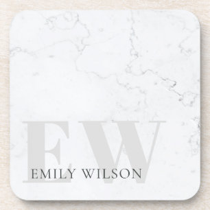 Elegant Rustic Marble Stone Ivory Grey Monogram Beverage Coaster