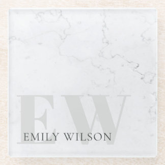 Elegant Rustic Marble Stone Ivory Grey Monogram Glass Coaster