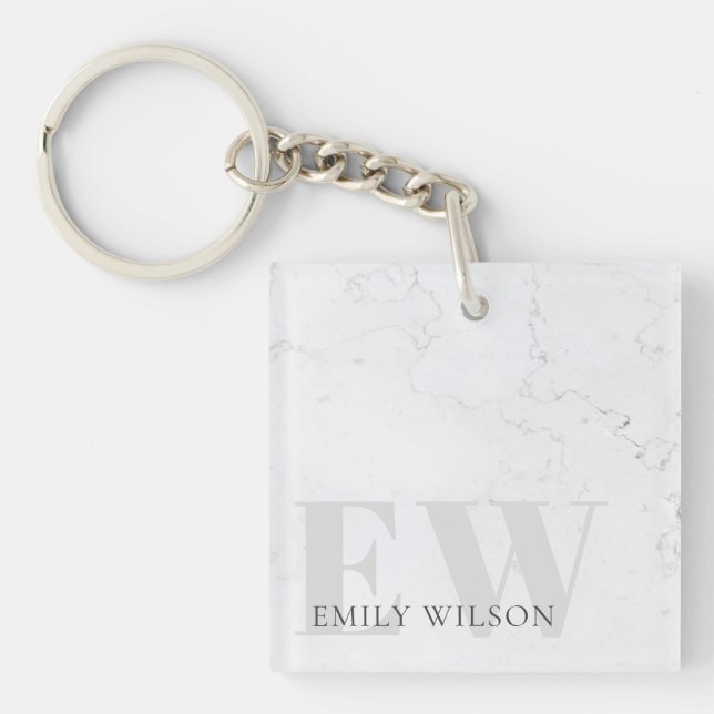 Elegant Rustic Marble Stone Ivory Grey Monogram Keychain (Front)