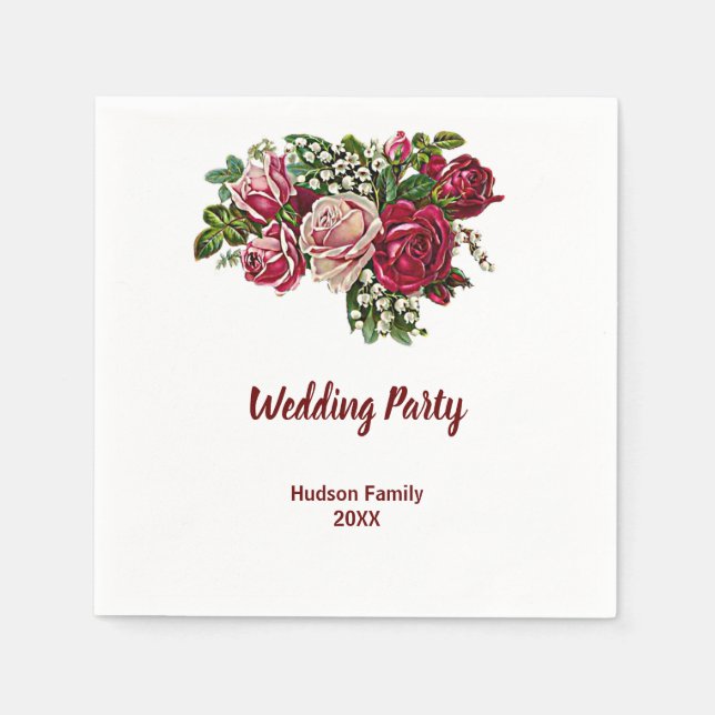 Elegant Rustic Maroon/Burgundy Rose Wedding Party  Napkins (Front)