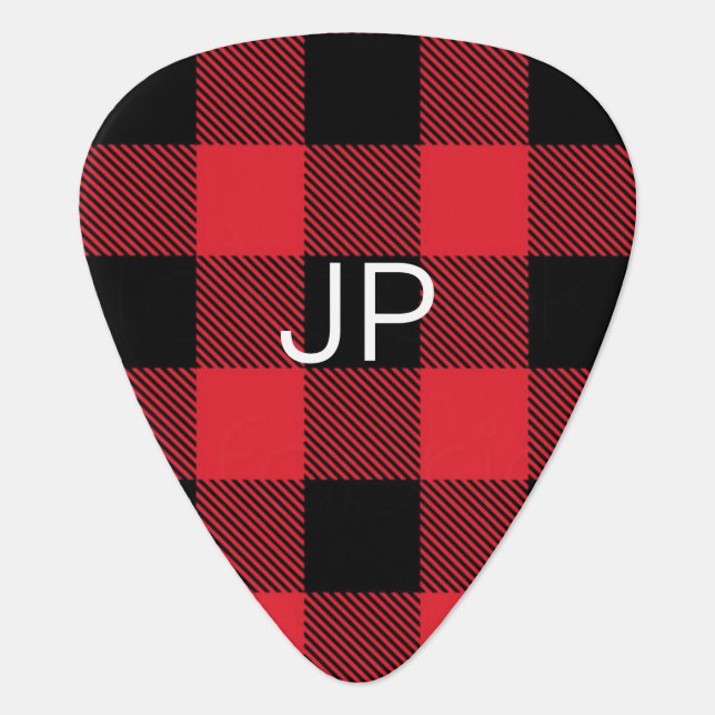 Elegant Rustic Masculine Black Red Buffalo Initial Guitar Pick (Front)