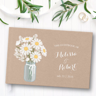 Elegant Rustic Mason Jar Daisies Wedding Beige Guest Book