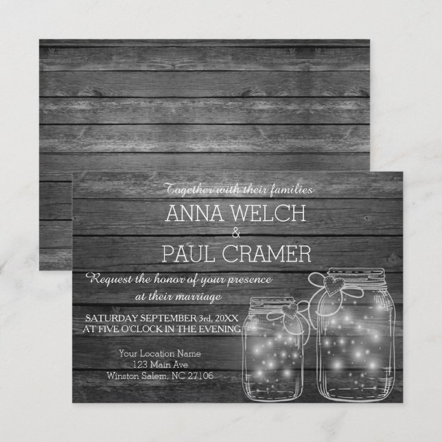 Elegant Rustic Mason Jar Lights B&W Wedding Card (Front/Back)