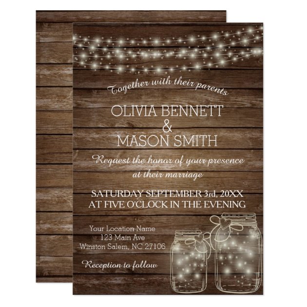 Elegant Rustic Mason Jar Lights Wedding Invitation