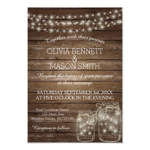 Elegant Rustic Mason Jar Lights Wedding Invitation