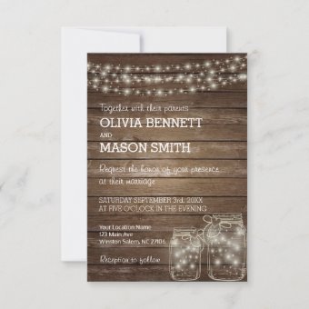 Elegant Rustic Mason Jar Lights Wedding Invitation | Zazzle