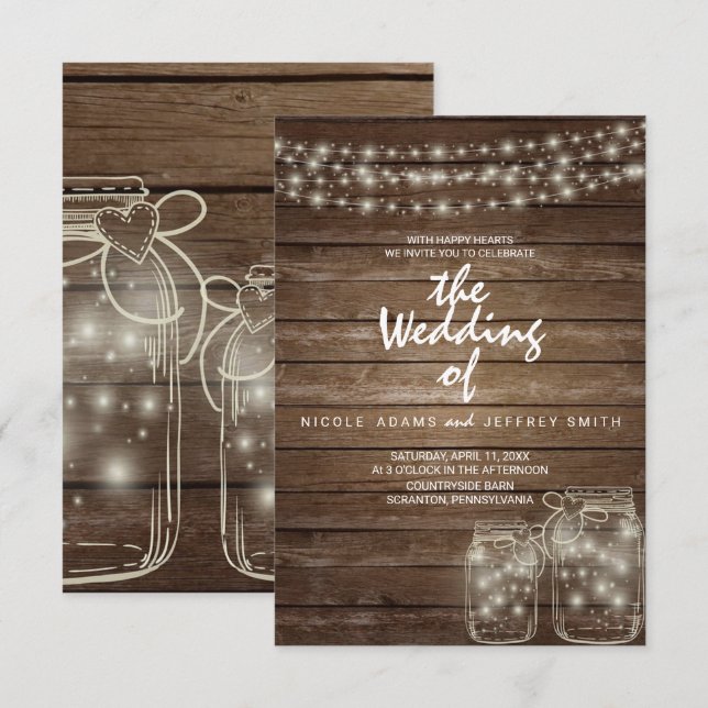 Elegant Rustic Mason Jar Lights Wedding Invitation (Front/Back)