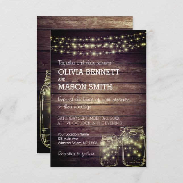 Elegant Rustic Mason Jar Lights Wedding Invitation (Front/Back)