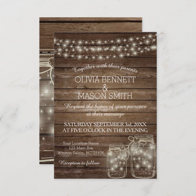 Elegant Rustic Mason Jar Lights Wedding Invitation (Front/Back)