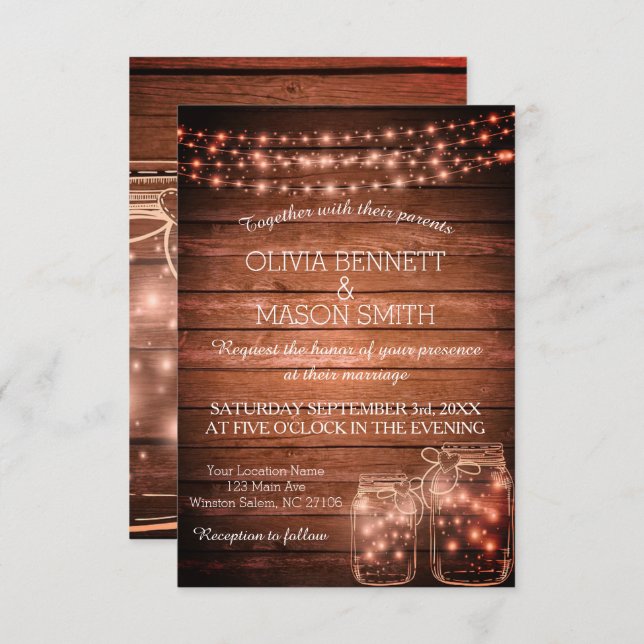 Elegant Rustic Mason Jar Lights Wedding Invitation (Front/Back)