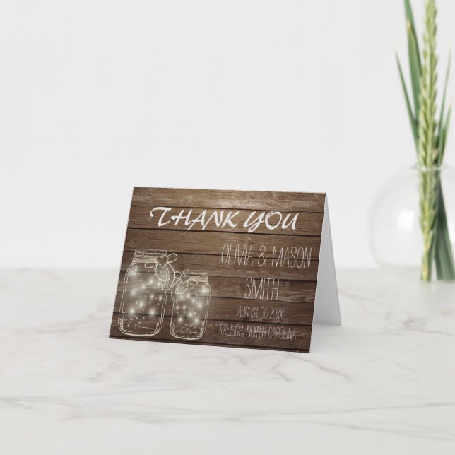 Elegant Rustic Mason Jar Lights Wedding Thank You Card (Front)