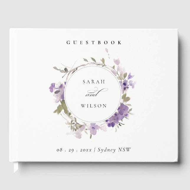 Elegant Rustic Meadow Lilac Floral Wreath Wedding Guest Book (Front)