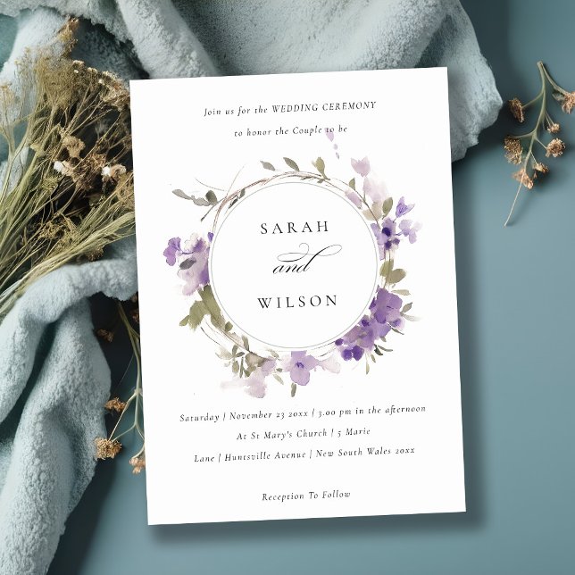 Elegant Rustic Meadow Lilac Floral Wreath Wedding Invitation (Creator Uploaded)