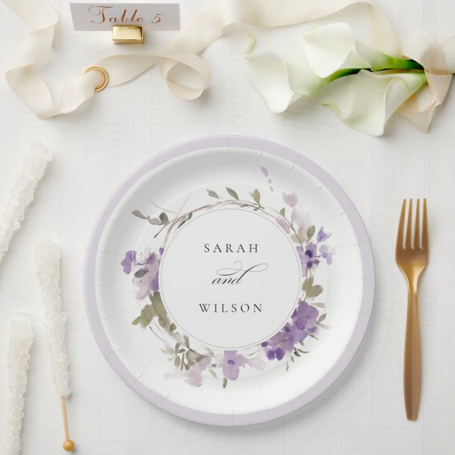 Elegant Rustic Meadow Lilac Floral Wreath Wedding Paper Plates (Wedding)