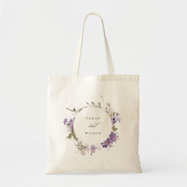 Elegant Rustic Meadow Lilac Floral Wreath Wedding Tote Bag (Front)