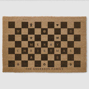 Elegant Rustic Merry Christmas Checkerboard Fiber Doormat