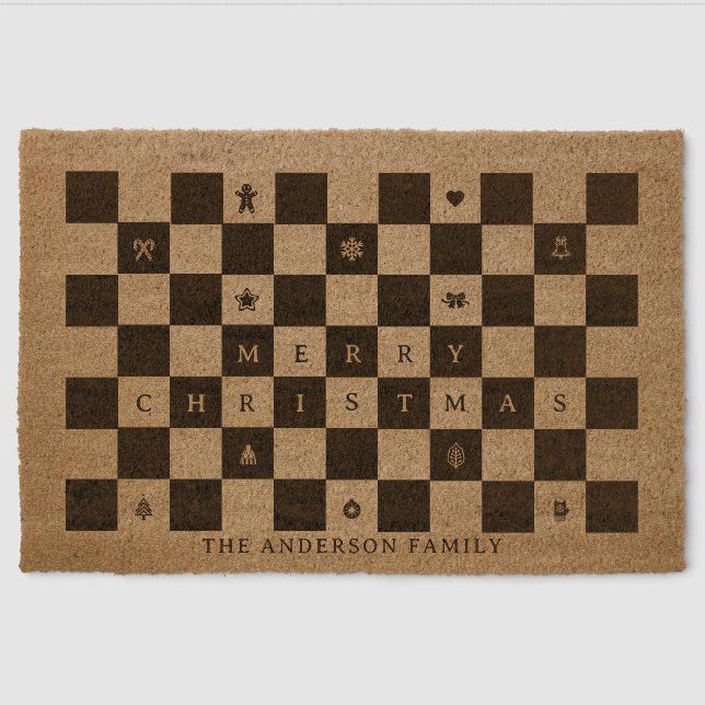 Elegant Rustic Merry Christmas Checkerboard Fiber Doormat (Front)