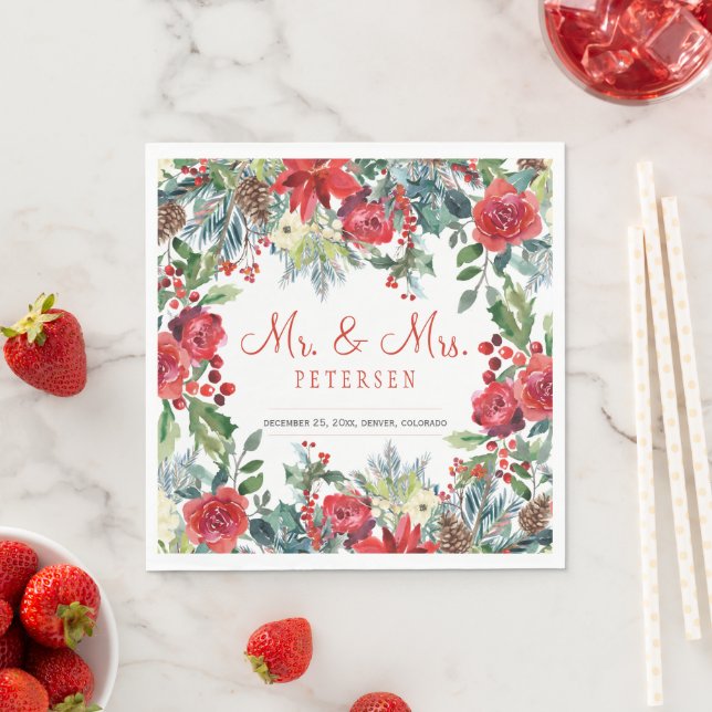 Elegant rustic modern floral Christmas wedding Napkins (Insitu)