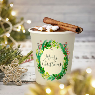 Elegant Rustic Modern Green Taupe Merry Christmas Paper Cups