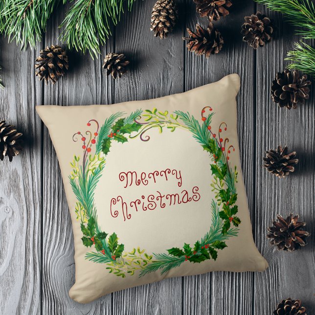 Elegant Rustic Modern Green Taupe Merry Christmas Throw Pillow (Creator Uploaded)