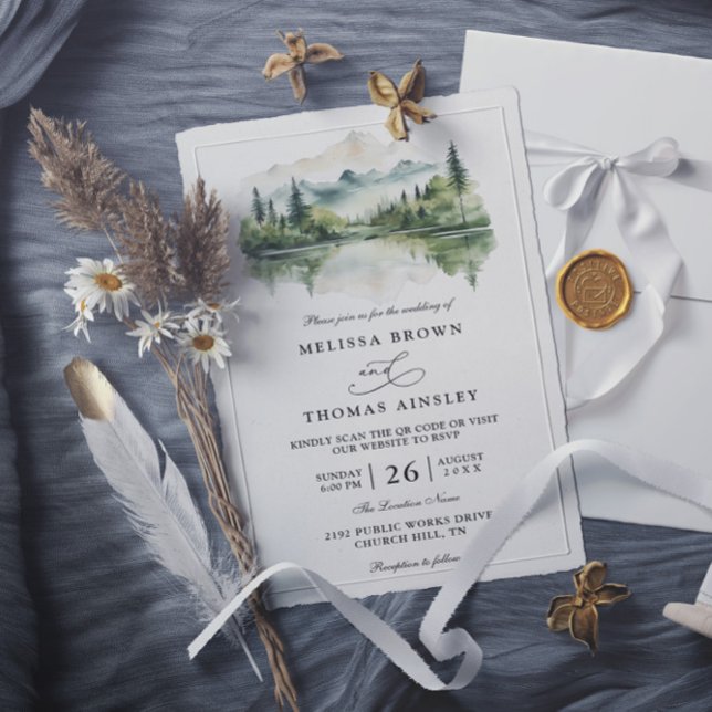 Elegant Rustic Mountain Budget QR Code Wedding Invitation (Creator Uploaded)