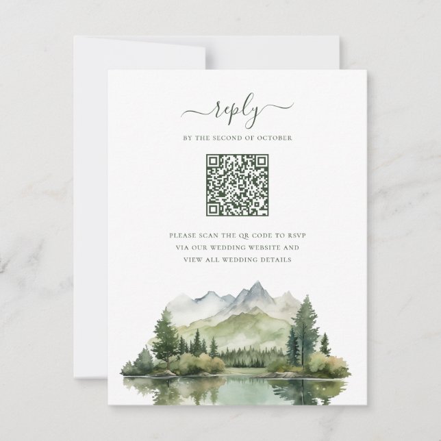 Elegant Rustic Mountain Landscape QR Code Wedding RSVP Card (Front)