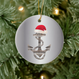 elegant rustic nautical ANCHOR + SANTA HAT Ceramic Ornament