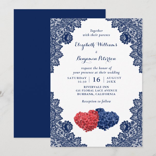 Elegant Rustic Navy Blue and Red Floral Wedding Invitation (Front/Back)