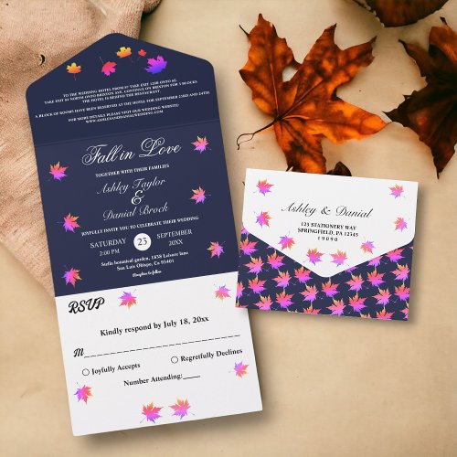 Elegant Rustic Navy Blue Glow Neon Fall Wedding All In One Invitation