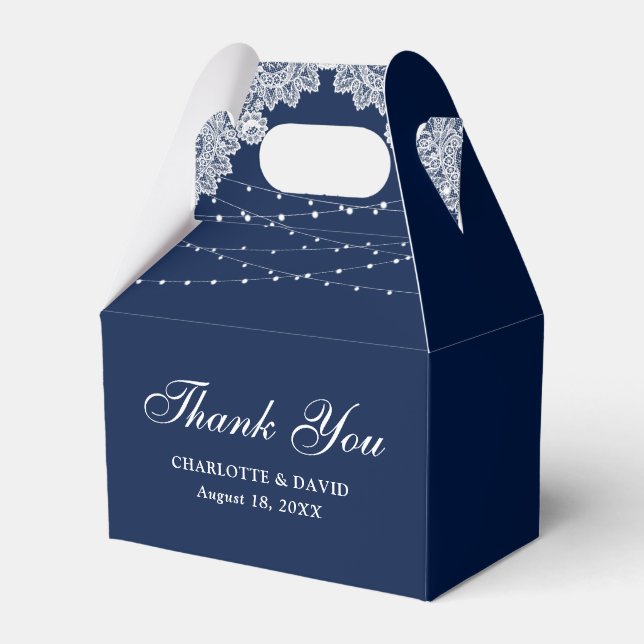 Elegant Rustic Navy Blue Lace Lights Wedding Favor Boxes (Front Side)