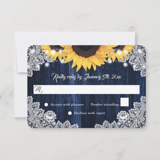 Elegant Rustic Navy Blue Wood Sunflower Wedding RSVP Card (Front)